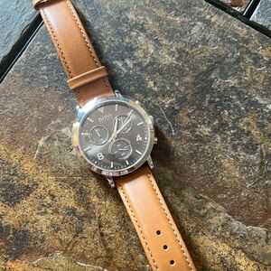 Hugo Boss Spirit Grey Dial Brown Leather Strap Watch For Men